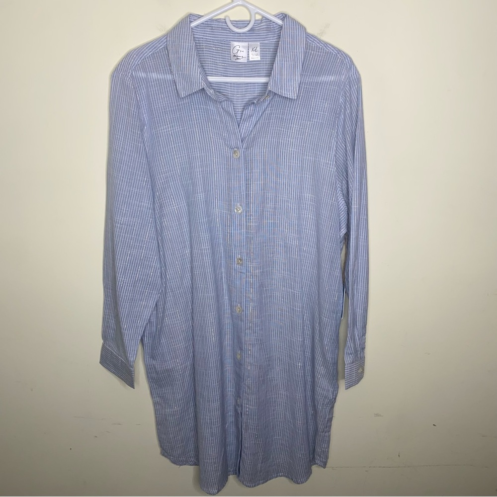 Goa Beachwear by Japna XL Light Blue White & Silver Metallic Striped Shirt Dress